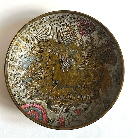 Vintage Brass Enamel Unicorn Decorative Bowl Dish Made in India - Picture 1 of 7